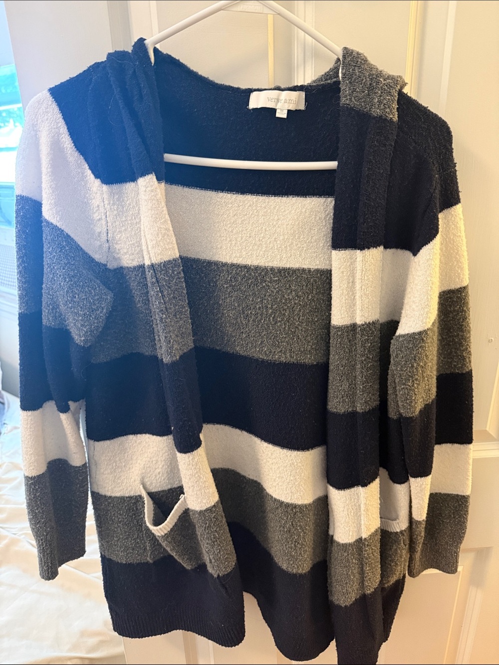 Verve Ami Hooded Striped Cardigan - Navy, Gray & White